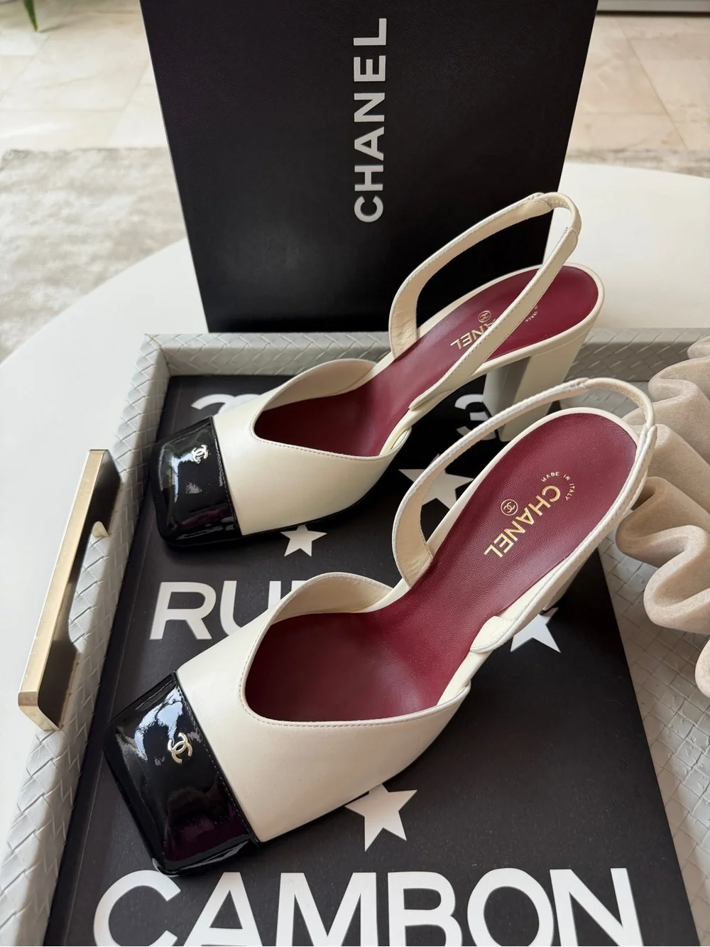 Chanel 26S Blazy Ivory Ecru Black Square Cap Toe Sling CC Slingback Heel Pump 40